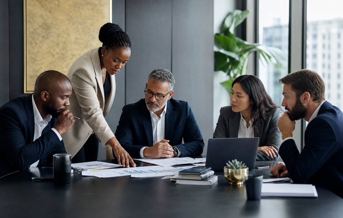 A professional team reviewing evidence and charts in a modern boardroom.