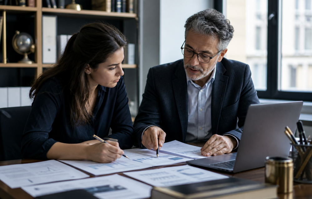 A postgraduate researcher and advisor reviewing methodology notes and analysis.