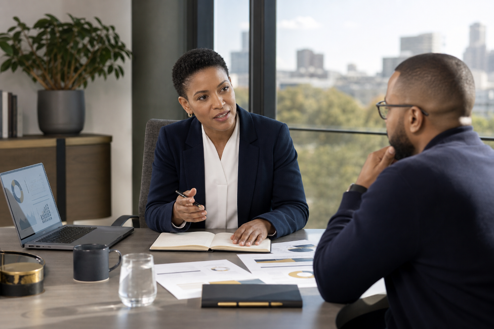 An advisor discussing research and data support with a client.