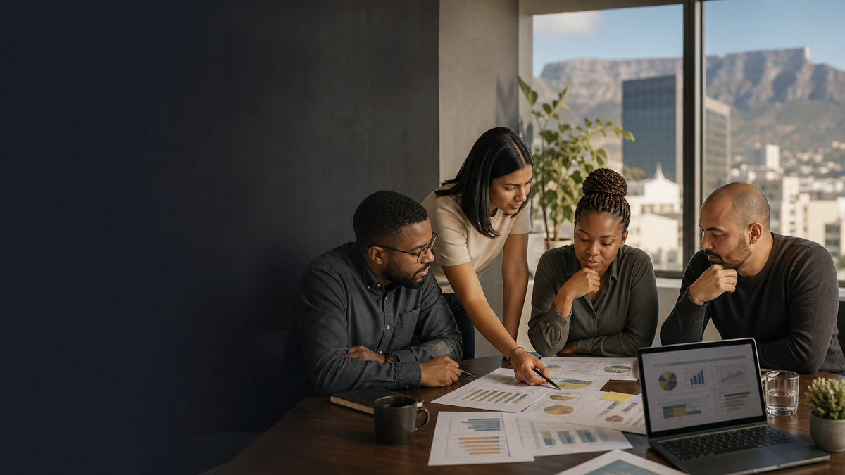 A research and analytics team reviewing charts and evidence in an advisory workspace.